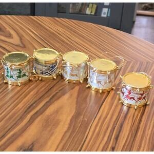Vintage Christmas Drum Reindeer Gold Ornaments Tawain Lot of 5